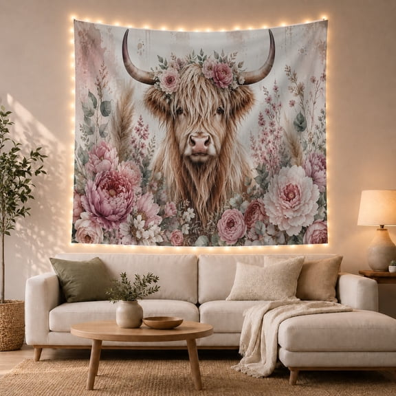 Highland Cow in a Pastel Rose Garden, Serene Watercolor for Animal Lovers, Floral Farmhouse Decor, Housewarming Gift, Tapestry Wall Hanging for Bedroom and Living Room