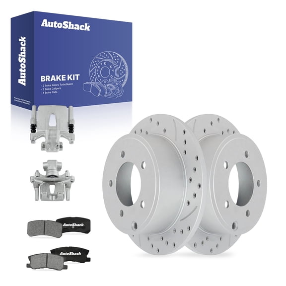 AutoShack Rear Solid Drilled & Slotted Coated Brake Rotors Silver Matte Finish   Ceramic Pads   Calipers 8-PC Brake Kit Replacement for 2014-2015 Mitsubishi Lancer TurboGuard 10.31" (262 mm)