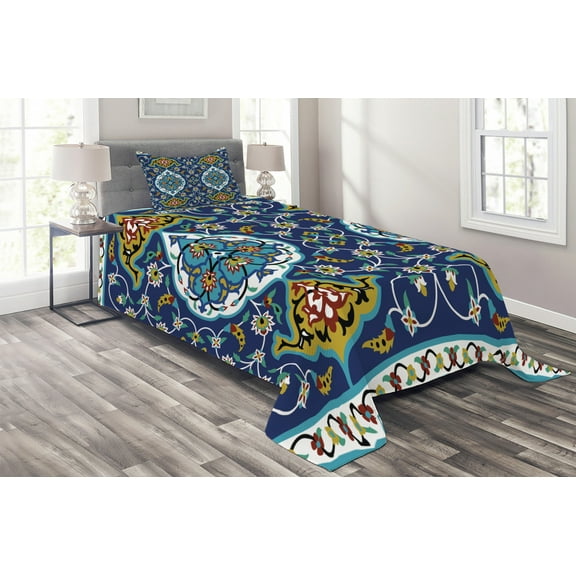 Ambesonne Vintage Quilted Coverlet 2 Pcs, Oriental Tile Effects, Twin Size, Mustard Royal Blue