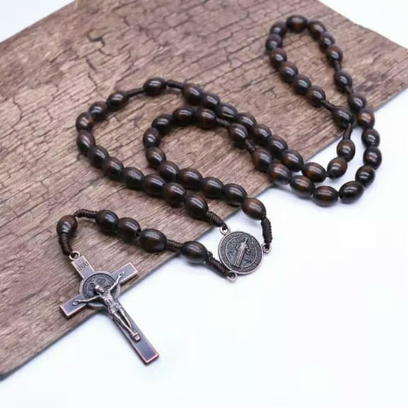 GKNET Saint Benedict Wood Beads Rosary Jesus Crucifix Cross Necklace Catholic Jewelry-Carved Rose Beads