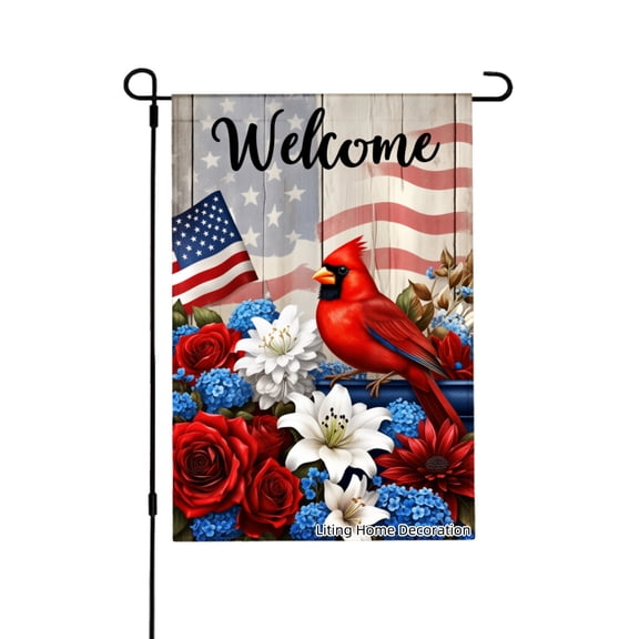 Welcome American Flag Cardinal And Flowers Garden Flag For Home Outdoor Garden Yard Decor 12x18 Inch