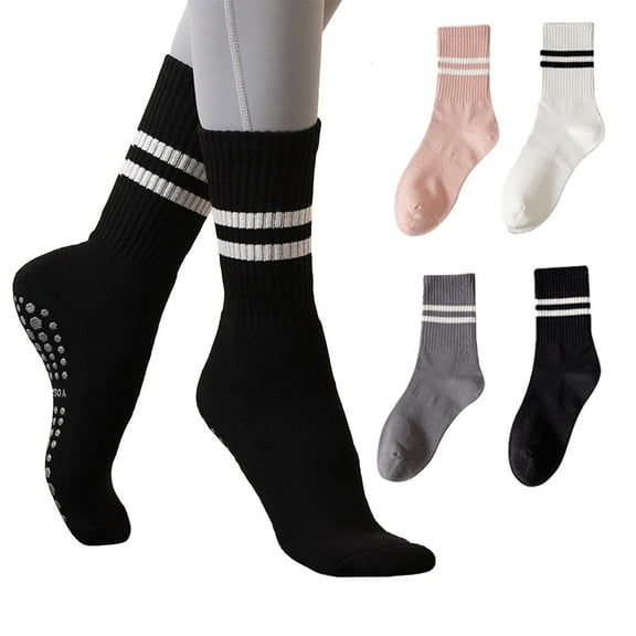 Dr.pedi 4 Pairs Non-Slip Grip Socks for Women, Crew Yoga Pilates Socks with Arch Support, Traction Workout Socks for Barre, Ballet, Hospital, Home