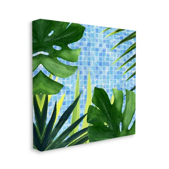 Tropical Poolside Greenery with Aqua Blue Tiles Botanical & Floral Gallery-Wrapped Canvas Print Wall Art, 17x17