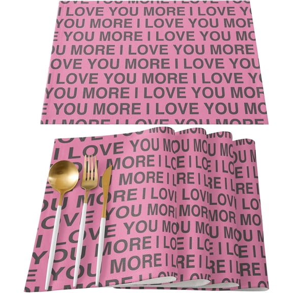 Valentine''s Day Placemats Set of 4, I Love You More Placemat for Dining Table Decorations, Cotton Linen Simple Words Pink Place Mats, Valentines Table Mats for Kitchen Dinner Holiday Party Decor