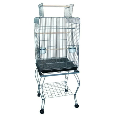 24" Open top Parrot Cage With Stand in Antique Silver