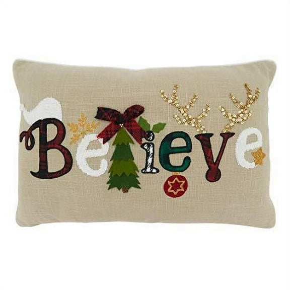 Fennco Styles Believe Design 100% Cotton Decorative Throw Pillow 14" W x 22" L – Natural Holiday Cushion for Christmas, Couch, Bedroom, Living Room and Office Décor