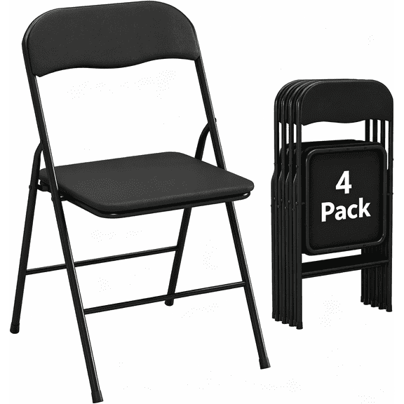 BORGEBY 4 Pcs PU Padded Folding Chairs Portable Lightweight Foldable Metal Chair for Home, Office, Party, Indoor & Outdoor, Black