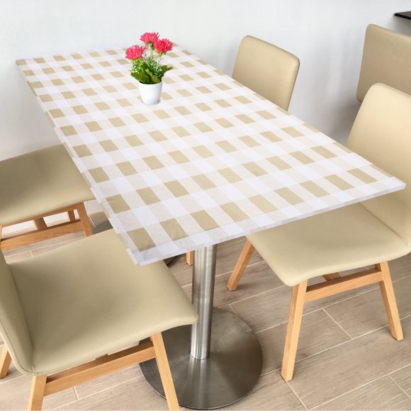Picnic Table Cloth, 78"x35" Rectangle Vinyl Plaid Fitted Tablecloths Waterproof Flannel Backed Table Covers for Dining Camping Outdoor, Khaki/White