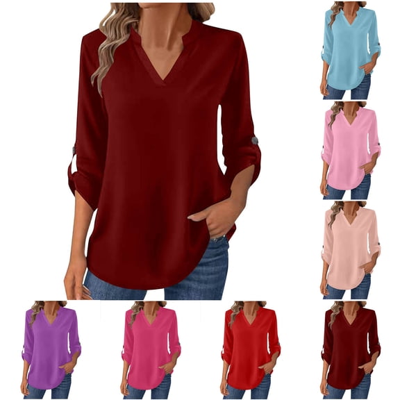 YHAJDS Shirts for Women Solid Color V Neck Button Down Long Sleeve Blouse Pullover