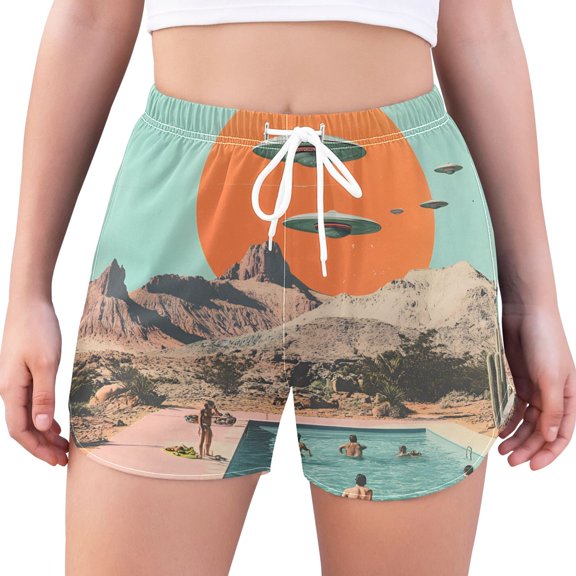 FORMRS Womens Swim Shorts Mesh Liner Quick Dry Casual Beach Board Bottom with Pockets, Sizes S-2XL, Retro UFO