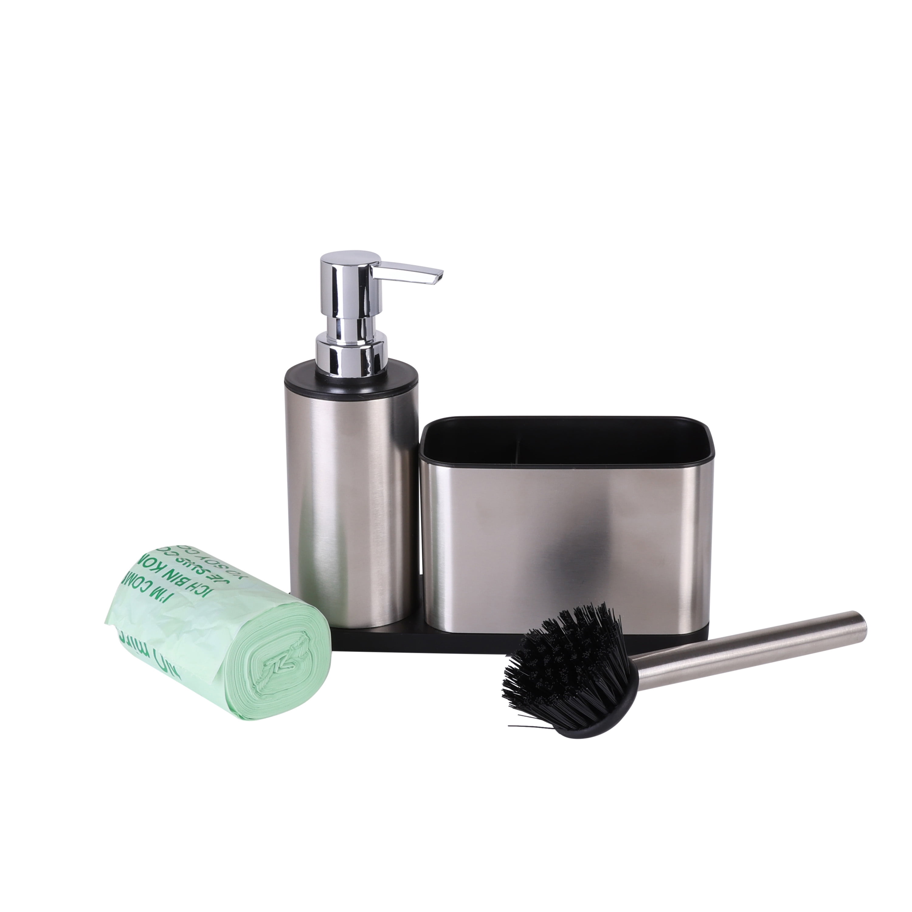 Organize It All Stainless Steel Compost Bin with Biodegradable Bags, Sink Organizer & Scrub Brush