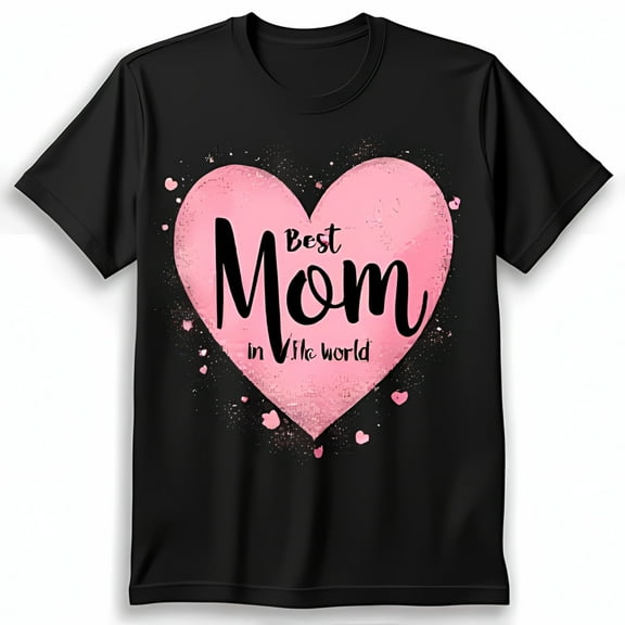 Best Mom in the World Black T-Shirt with Pink Heart & Speckles Design