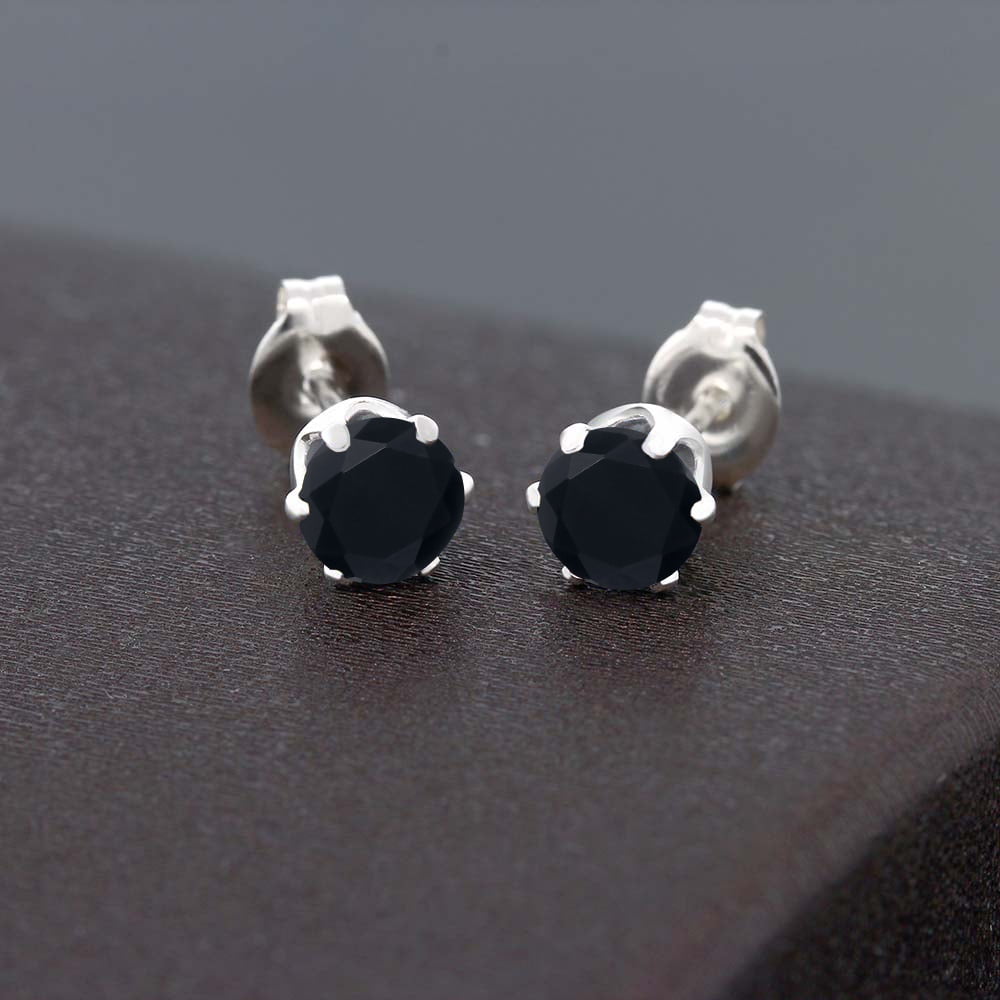 Gem Stone King Black Onyx Stud Earrings for Women Men | 0.92 Cttw | Gemstone Birthstone | Round 5MM
