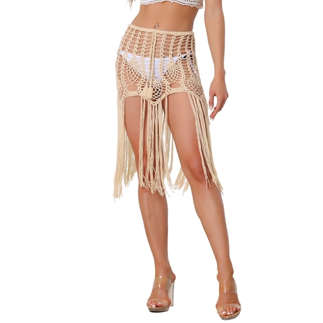 INSPIRE CHIC Traje de baño sexy de ganchillo para mujer con falda de cobertura con flecos XS Beige