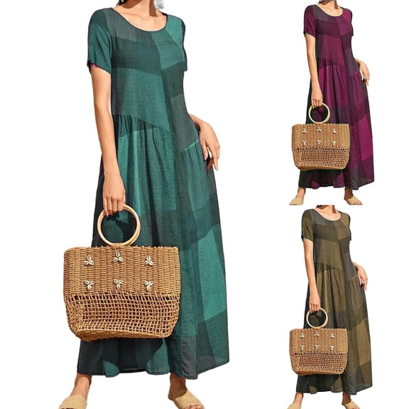 Ashirexll Flowy Dresses for Women, Womens Summer Dresses, Short Sleeve Round Neck Color Block Loose Casual Solid Color Maxi Dress
