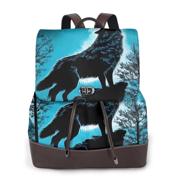 Easygdp Blue Full Moon Wolf Mochila de Cuero para Mujeres, Bolso de Hombro, Bolsos de Mano de Moda para Trabajo y Viajes