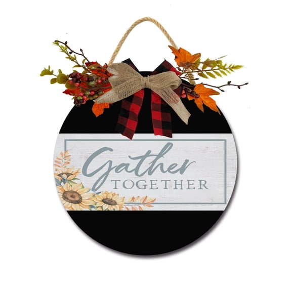 Gather Together Wooden Front Door Sign Rustic Round Wreath Wall Hanger Porch Decor Four Seasons Farmhouse Decoration Housewarming Gift 12 Inches
