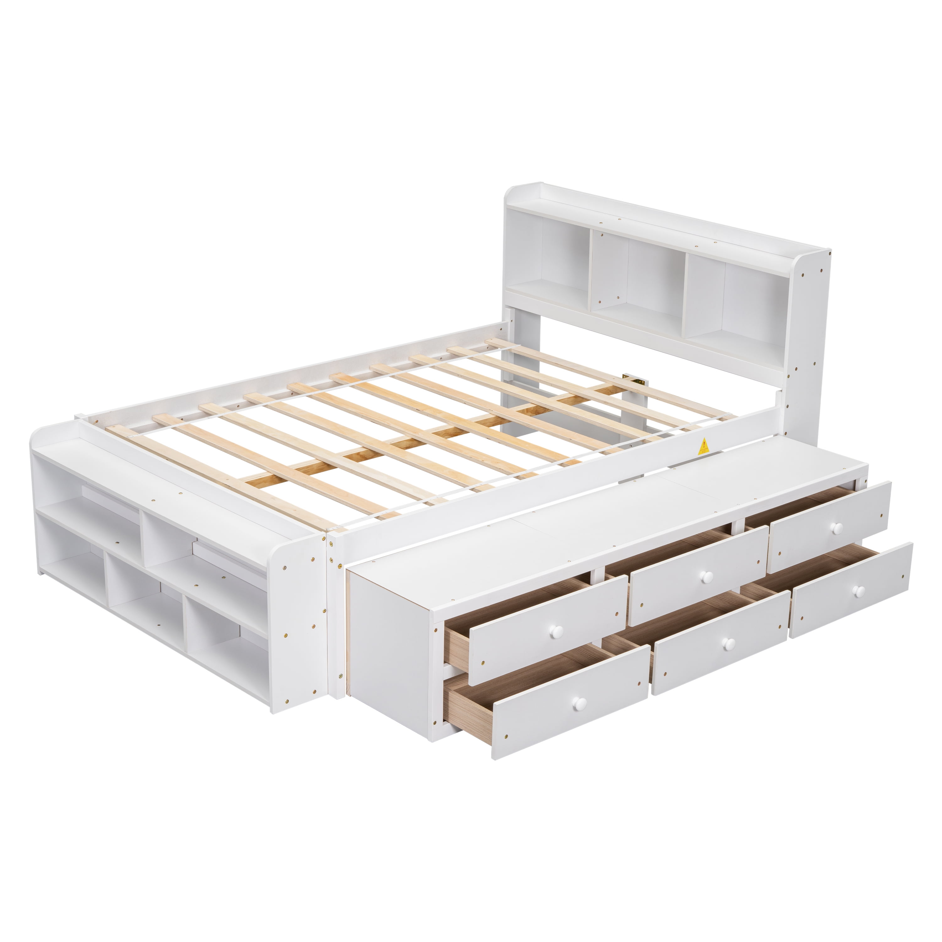 Sailvan Full Size Platform Bed Frame with Bookcase Headboard, 6 Storage Drawers and Bed End Case White