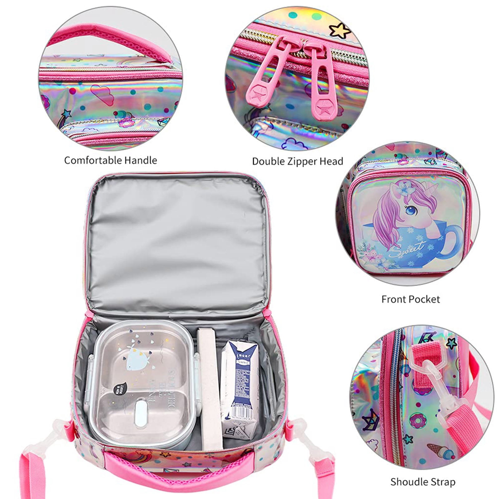 IvyH Kids Insulated Lunch Bag With Bottle Holder Adjustable Shoulder Strap Reusable Water Resistant Cartoon Lunchbag