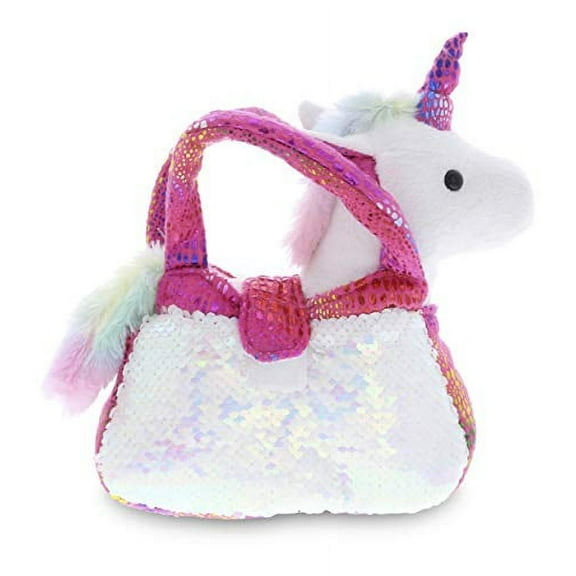 DolliBu Pink Unicorn Plush Reversible Sequin Pet Carrier Handbag, White Sparkle Soft Stuffed Animal Carrier Toy Purse for Little Girls, Cute Toddler Girl's Pretend Play Unicorn Pet Doll Purse 9 Inch