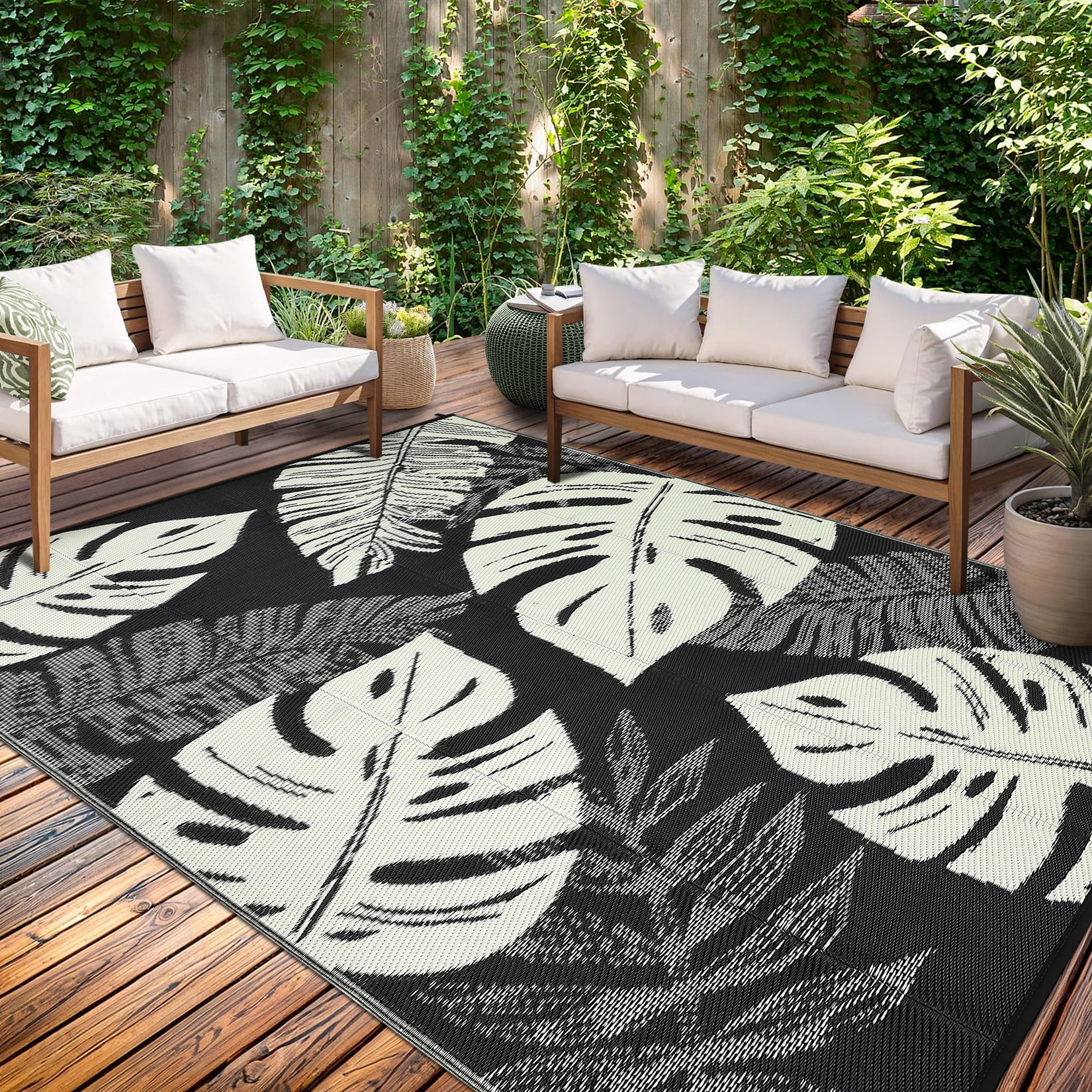 Haperlare 9'x12' Waterproof Outdoor Plastic Straw Rug, Modern Tropical Leaf Woven Carpet Reversible Patio Rug RV Camping Mat, Portable Outside Carpet for Deck Porch Yard Garden Balcony, Black Beige
