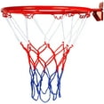 thumbnail image 1 of Nvzi Red de baloncesto de repuesto: cuerda plana trenzada de poliéster, resistente,antilatigazos, redes gruesas que se adaptan a aros estándar de 12 bucles (azul blanco y rojo), 1 of 5