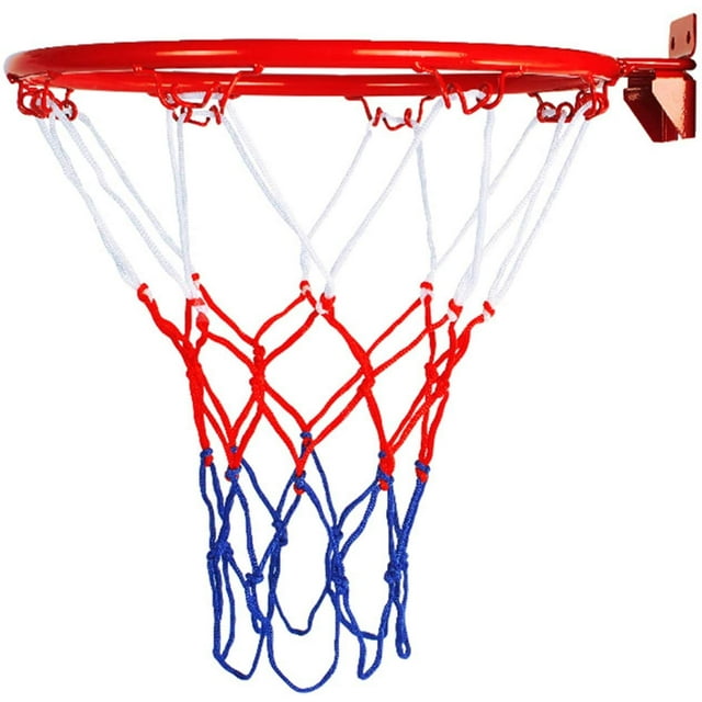 Nvzi Red de baloncesto de repuesto: cuerda plana trenzada de poliéster, resistente,antilatigazos, redes gruesas que se adaptan a aros estándar de 12 bucles (azul blanco y rojo)