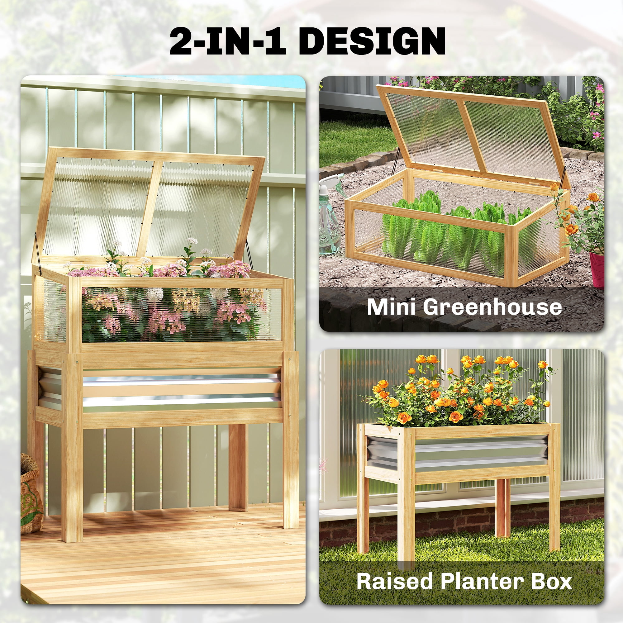 Outsunny Raised Garden Bed with Mini Greenhouse, Elevated Planter Box with Legs and Bed Liner for Flowers, Vegetables, Natural