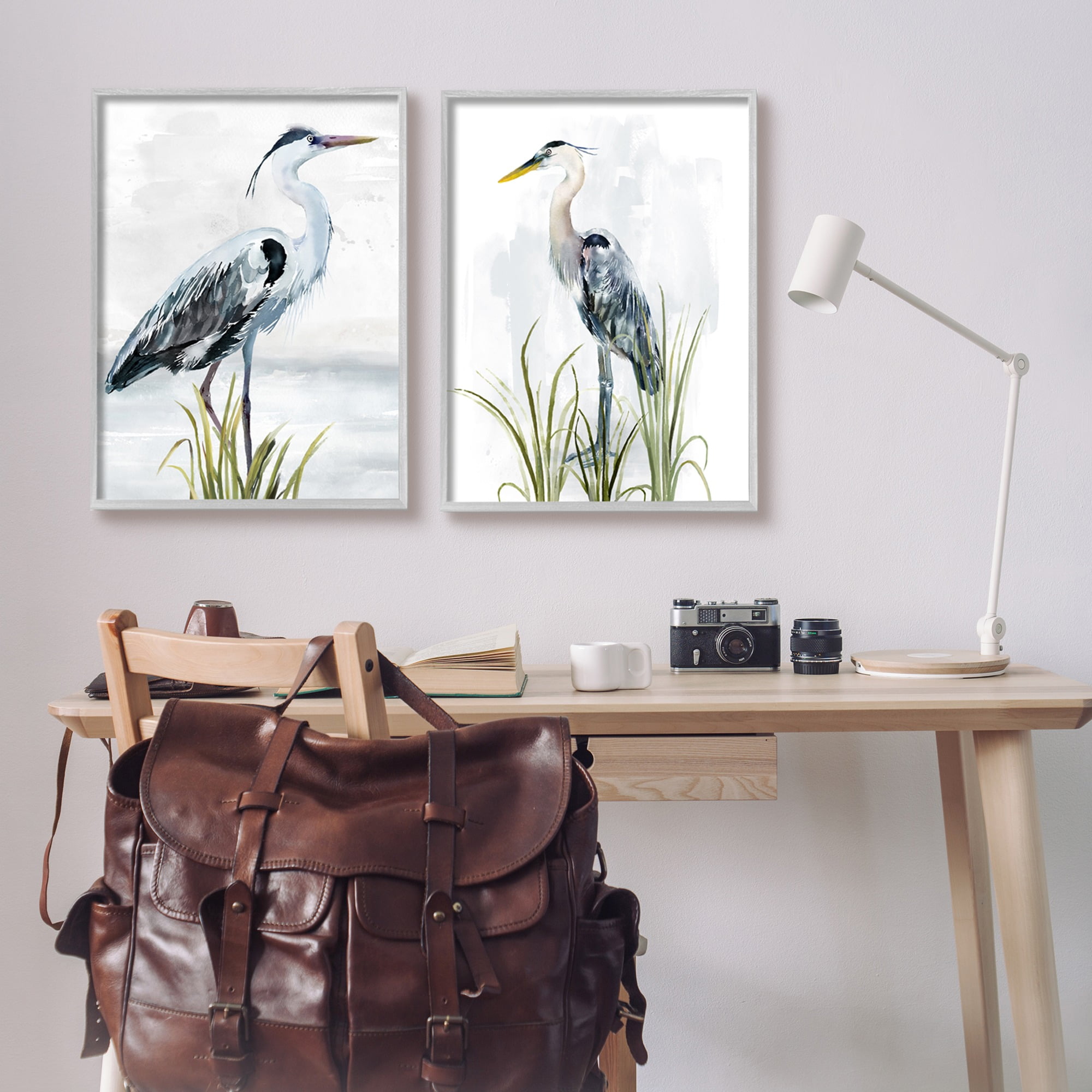 Stupell Industries Soft Nautical Egrets Animals & Insects Painting Gray Framed Art Print Wall Art, 24 x 30, Set of 2
