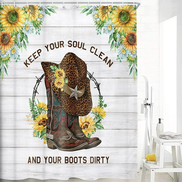 Sonernt Western Rustic Shower Curtain Farmhouse Sunflower Western Cowboy Boots Hat Fabric Shower Curtains Set 72X72IN Walmart