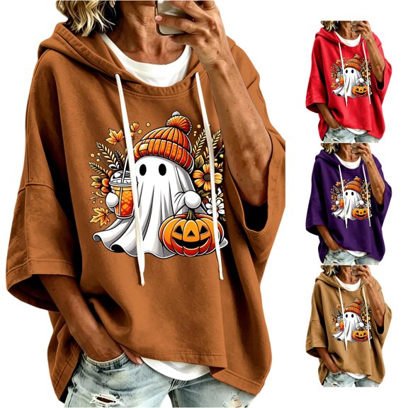 Women Short Sleeve Cute Ghost Pumpkin Graphic Hoodie with Drawstring Casual Halloween Party Pullover Top