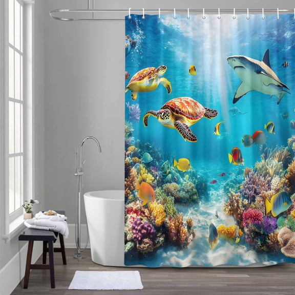 Summer Marine Life Shower Curtain for Bathroom Decor, Ocean Turtles Coral Shark Waterproof Fabric Shower Curtain, 60"x72" Set with 12 Hooks
