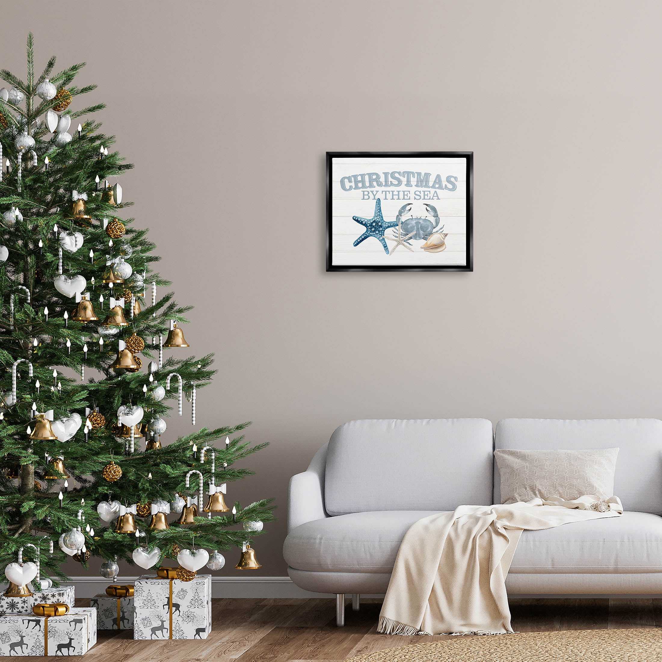 Stupell Industries Christmas By The Sea Nautical Graphic Art Jet Black Floating Framed Canvas Print Wall Art, Design by Kim Allen