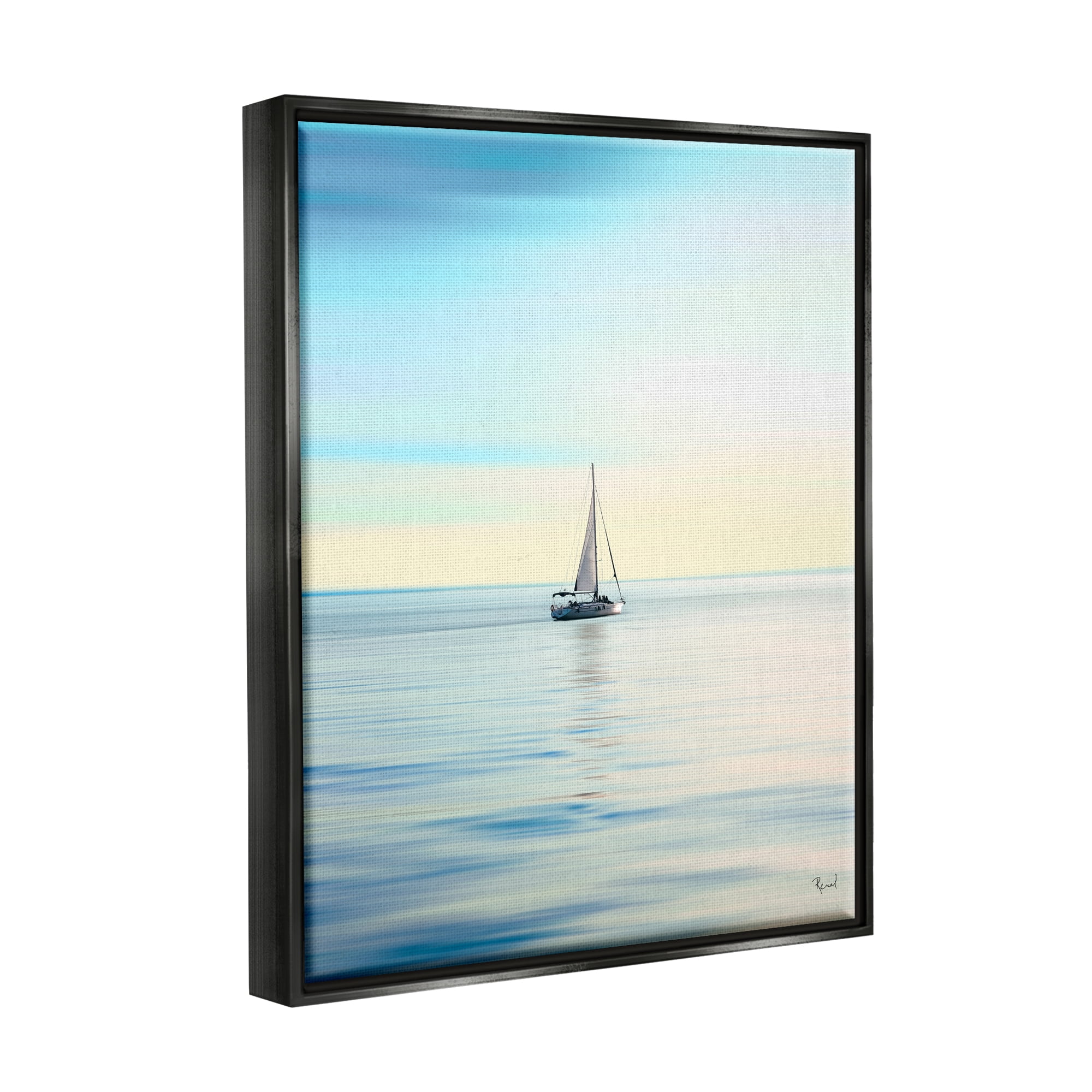 Stupell Industries Blue Sunlit Sailboat Transportation Painting Black Floater Framed Canvas Art Print Wall Art, 25 x 31
