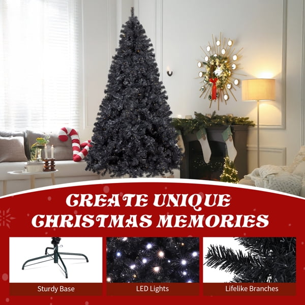 Alvantor 7.5 ft Black Pre-Lit Artificial Christmas Tree, 400 Dual White LED Lights, 11 Modes, Remote, 1350 PVC Tips