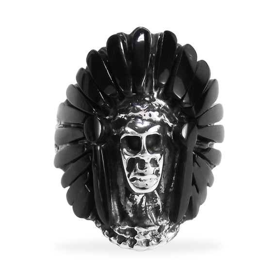 AeraVida Black Onyx Feather Crown Skull Detail .925 Silver Ring-9