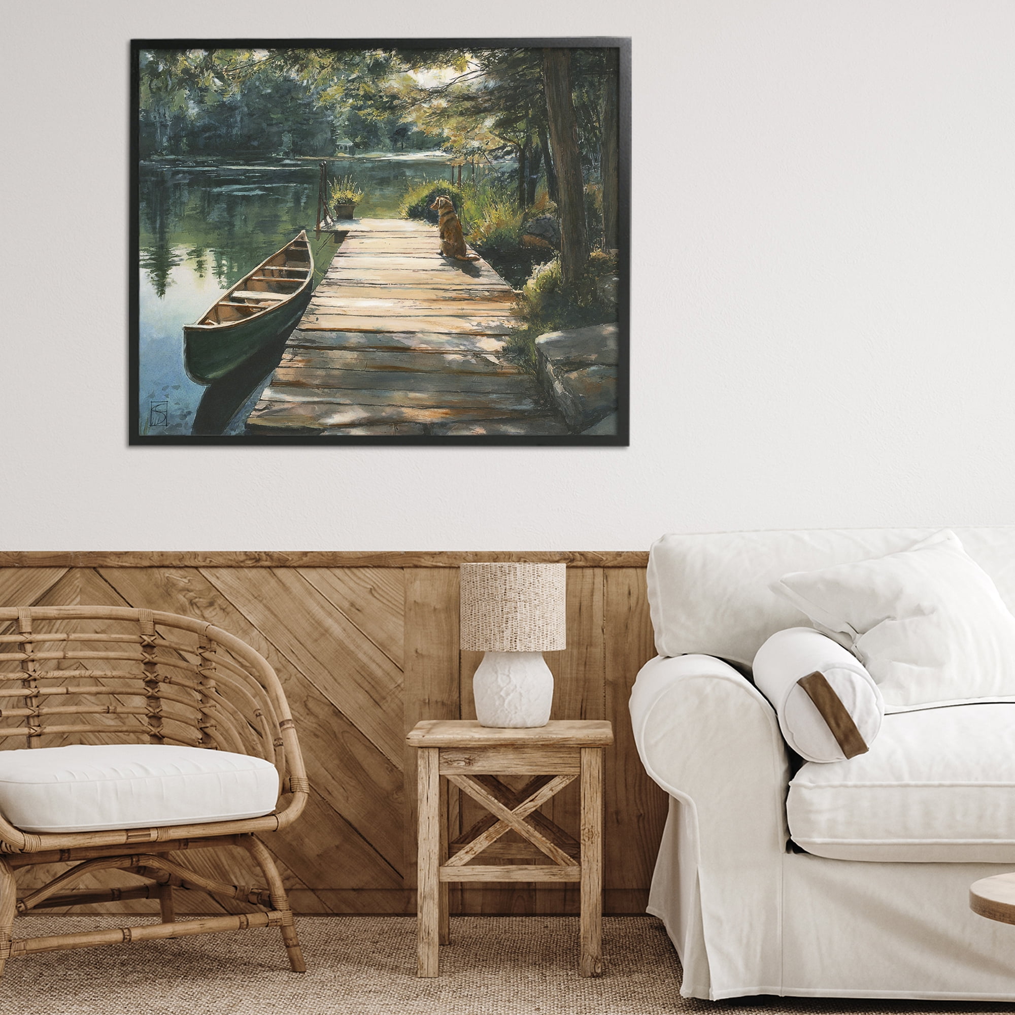 Lake Life Dog on Dock Black Framed Giclee Art, design by Sara Culpepper