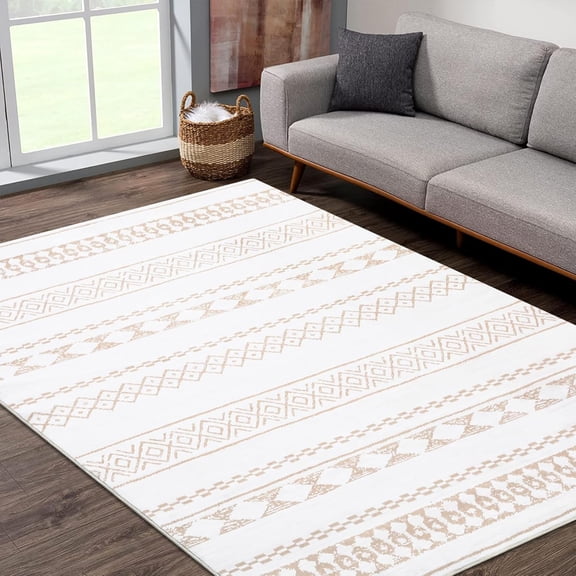 Boho Area Rugs 9' x 12', Washable Rug Ultra-Soft Anti-Slip Floor Cover Low Pile Farmhouse Carpet Non-Shedding Foldable Geometric Rug for for Living Room Bedroom, Light Coffee