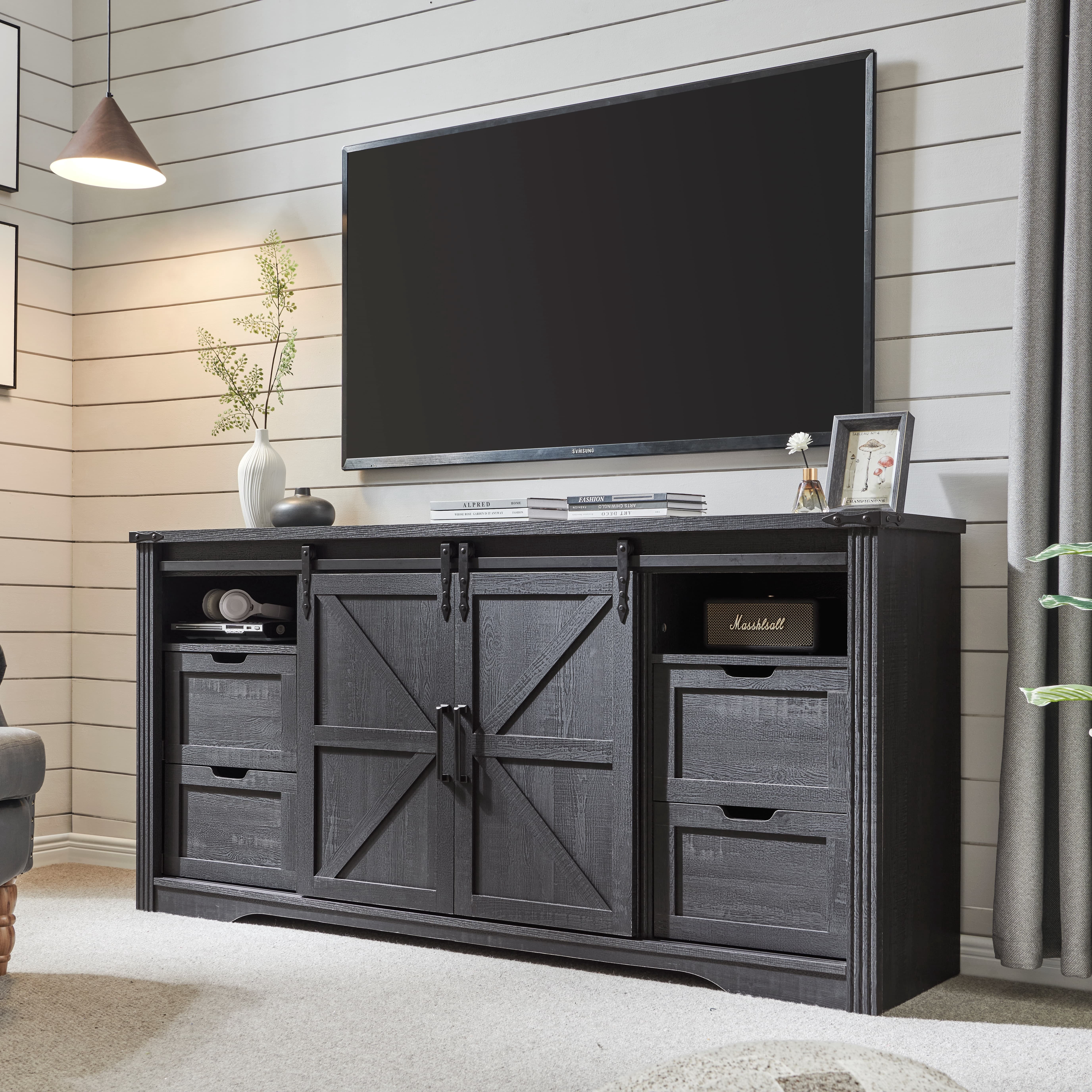 T4TREAM Farmhouse TV Stand with 4 Drawer for TVs up to 75", Farmhouse Entertainment Center with Adjustable Shelves & Barn Door, Black