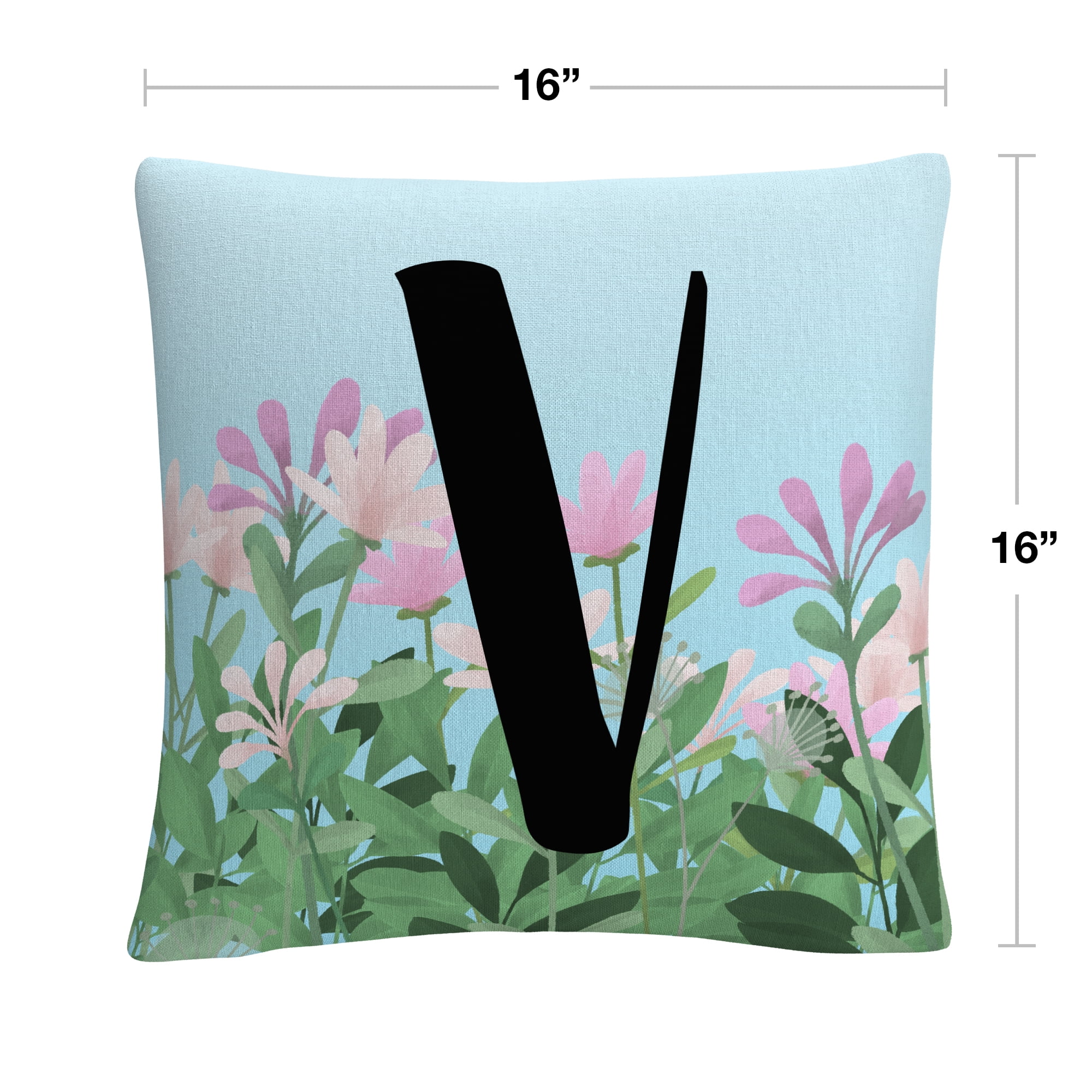 Pink Floral Garden Letter Illustration V By Abc 16 X 16 Decorative Throw Pillow