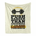 thumbnail image 1 of Fitness Soft Flannel Fleece Throw Blanket, Push Harder Sports Phrase Positive Message Grungy Display with Dumbbell, Cozy Plush for Indoor and Outdoor Use, 50" x 70", Cream Black Yellow, by Ambesonne, 1 of 6