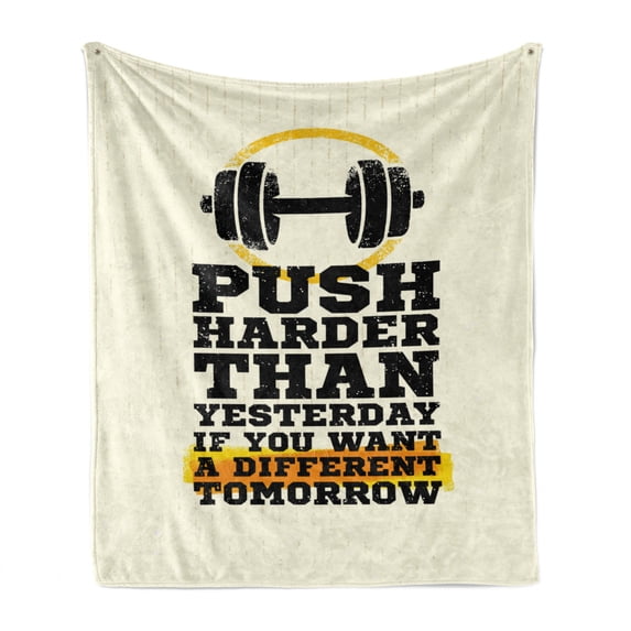 Fitness Soft Flannel Fleece Throw Blanket, Push Harder Sports Phrase Positive Message Grungy Display with Dumbbell, Cozy Plush for Indoor and Outdoor Use, 50" x 70", Cream Black Yellow, by Ambesonne