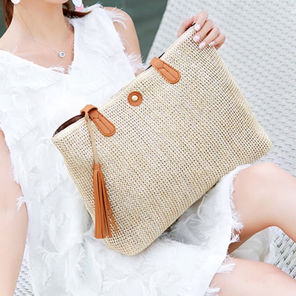 Worgeous Fashion Woven Bag Vacation Handbag Simple Shoulder Bag Beach Bag for Outdoor Travel (Orange)