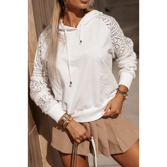 White Lace Patchwork Sleeve Drawstring Hoodie