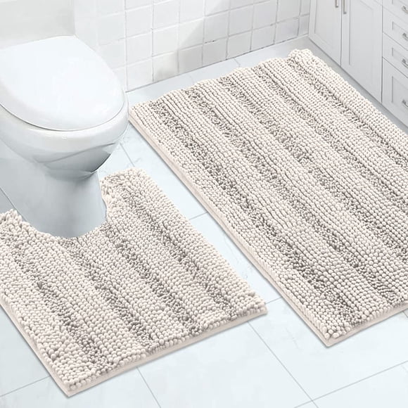 Juego de alfombras de baño de chenilla turquesa superabsorbente, color marfil