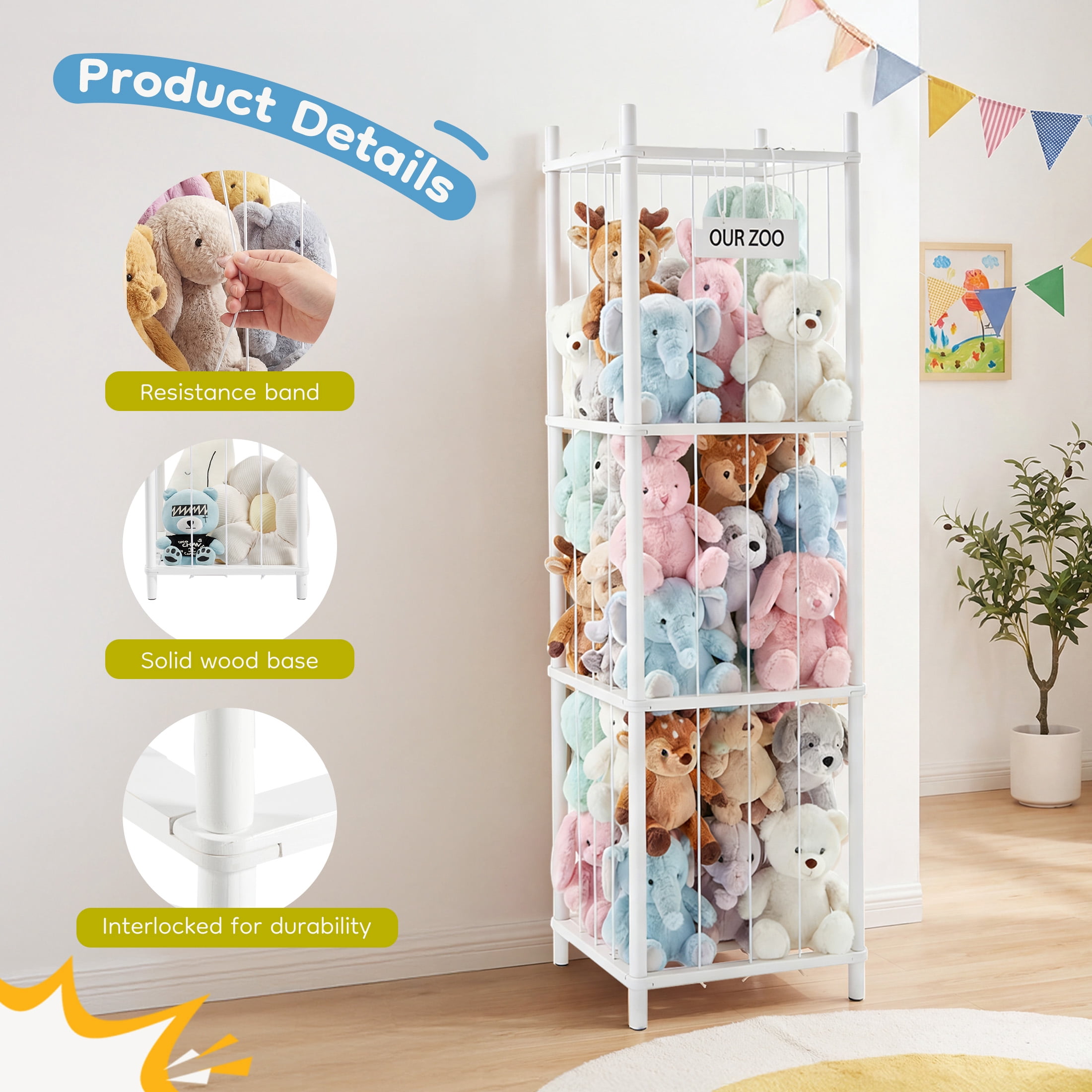 EDX Large Stuffed Animal Storage Organizer for Kids, Wooden Toy Storage Holder, Space Saving Toy Zoo for Playroom, Bedroom, Nursery & Kids Room, White
