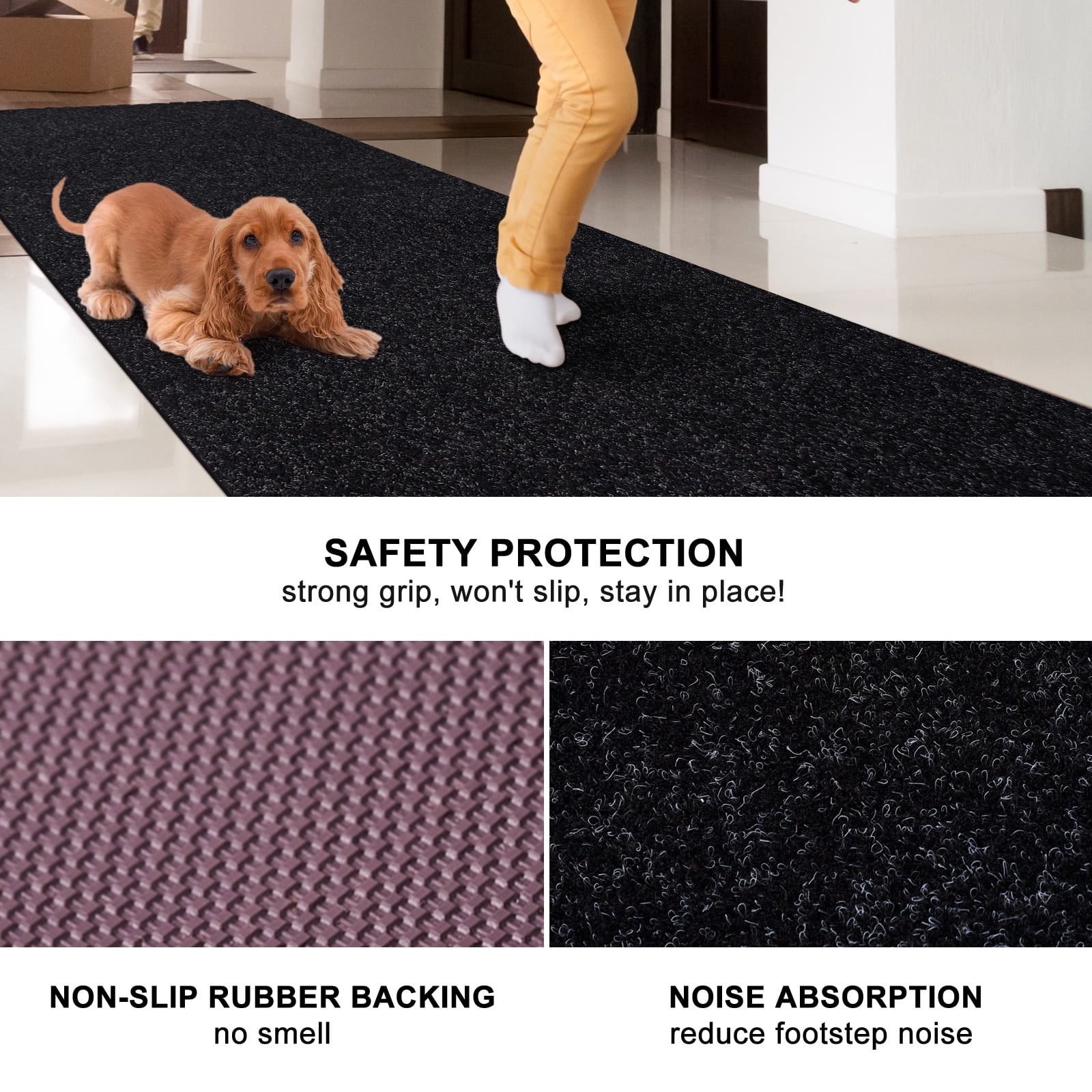 ANTPOP 3'x50' Runner Rugs Outdoor Indoor Utility Non-Slip Carpet Runners with Rubber Backing Custom Size Area Rug Entrance Mat for Kitchen Hallway Entryway Patio Garage Laundry Black Striped