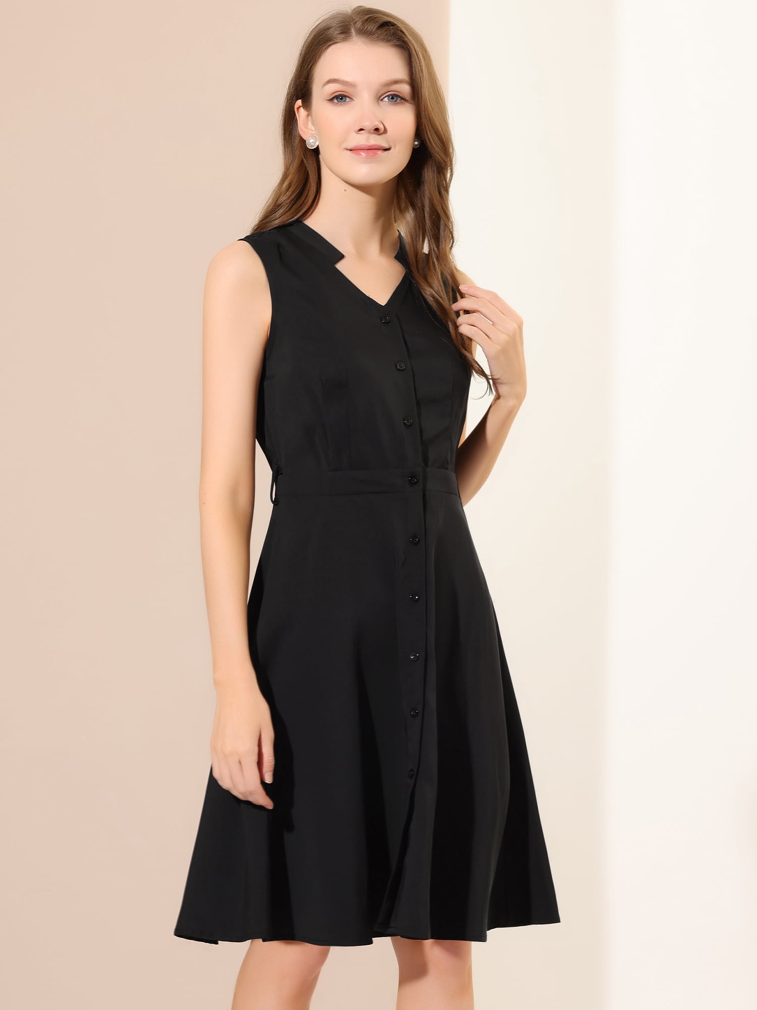 DARING DIVA Women's Sleeveless Shirtdress Belted V Neck Button Down Dress M Black