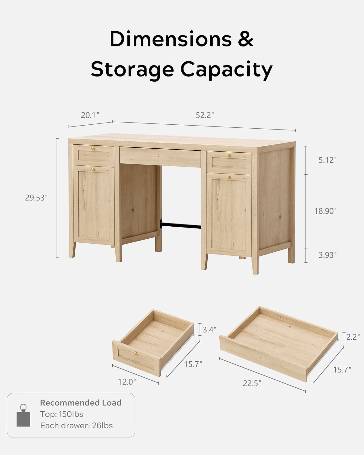 EYYTHUNG 52" Large Executive Desk with Drawers, Farmhouse Wooden Home Office Desk with Storage Cabinet, Modern Computer Writing Desk for Work Study, Workspace, Light Oak