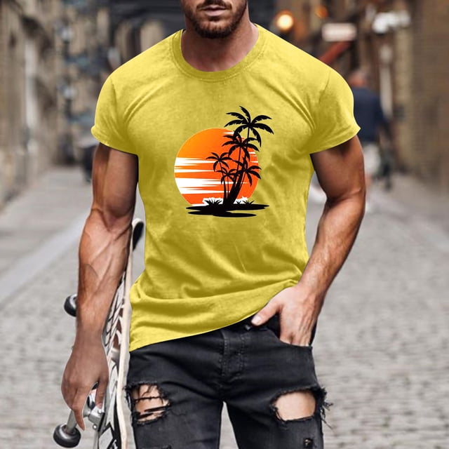 Meichang T-Shirts Graphiques pour Hommes T-Shirts à Col Rond Imprimés 3D Palmier Tropical Coucher de Soleil Coupe Régulière Manches Courtes T-Shirts d'Entraînement T-Shirts d'Été pour Muscles pour Hommes Aubaines de Liquidation 2024 Jaune G
